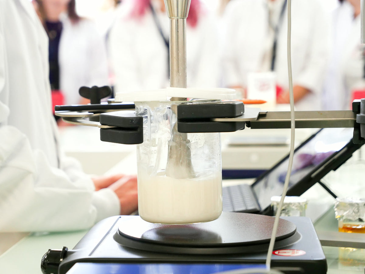 Cream emulsion being mixed in the CARELIKA formulation laboratory, France