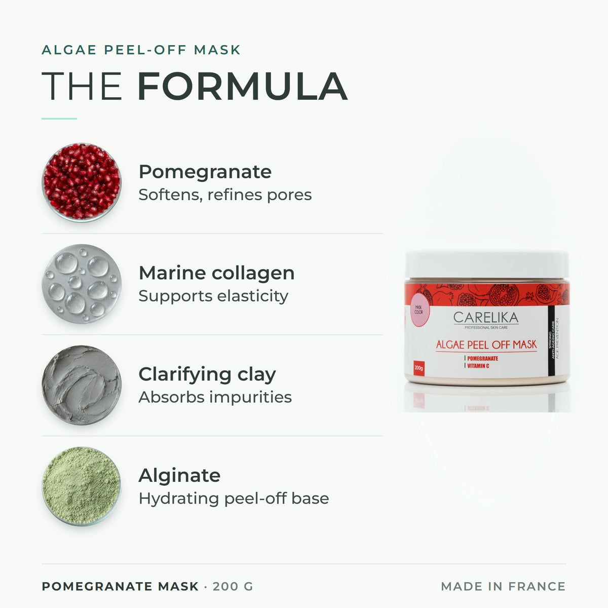 CARELIKA Pomegranate Mask 200 g - key actives: Pomegranate, Marine collagen, Clarifying clay, Alginate