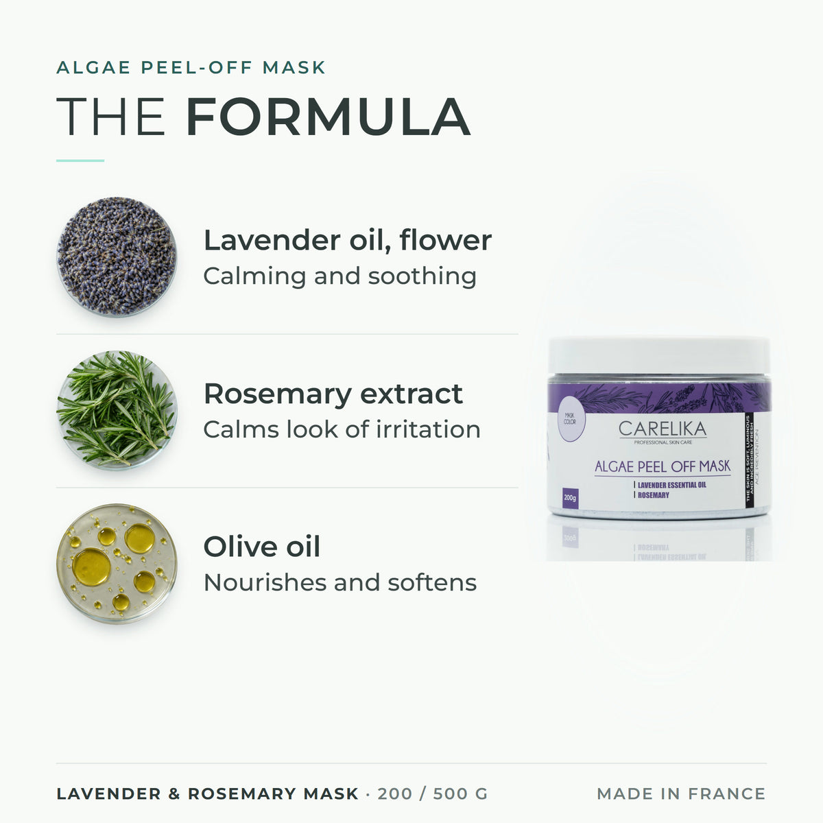 CARELIKA Lavender & Rosemary Mask 200 / 500 g - key actives: Lavender oil, flower, Rosemary extract, Olive oil