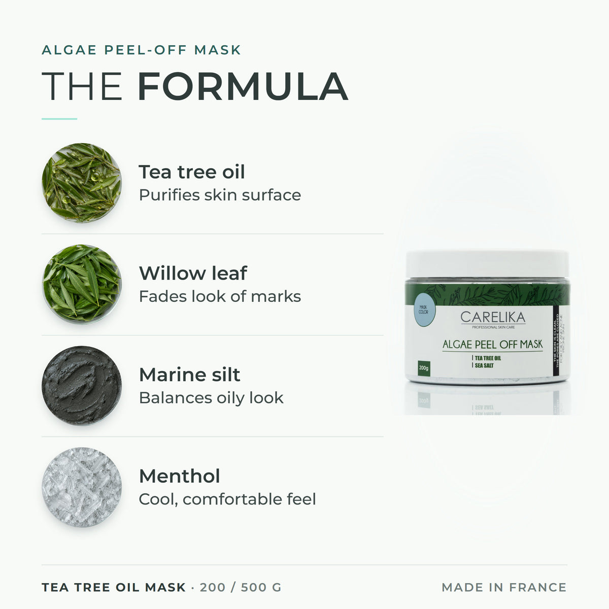 CARELIKA Tea Tree Oil Mask 200 / 500 g - key actives: Tea tree oil, Willow leaf, Marine silt, Menthol