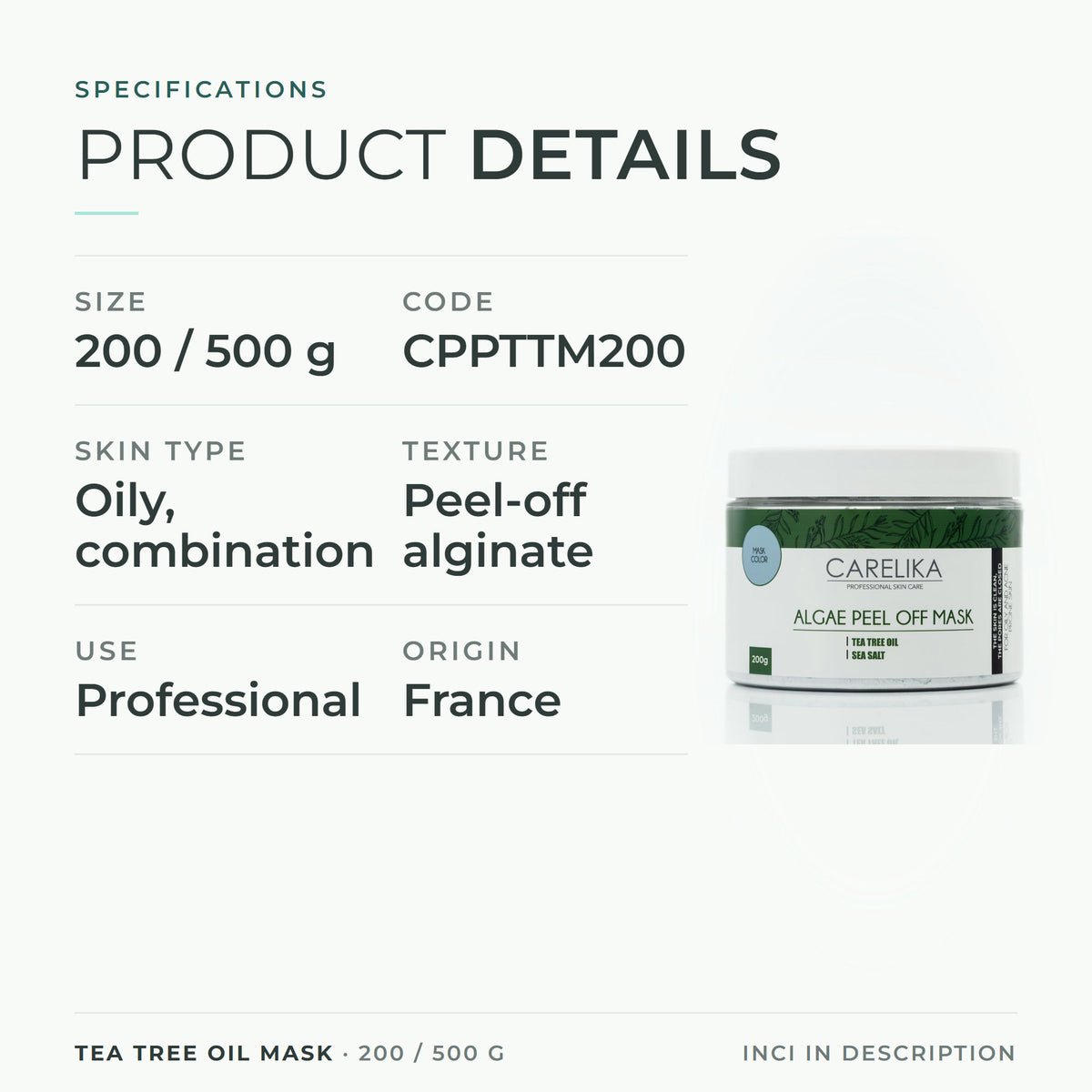 CARELIKA Tea Tree Oil Mask 200 / 500 g - specifications