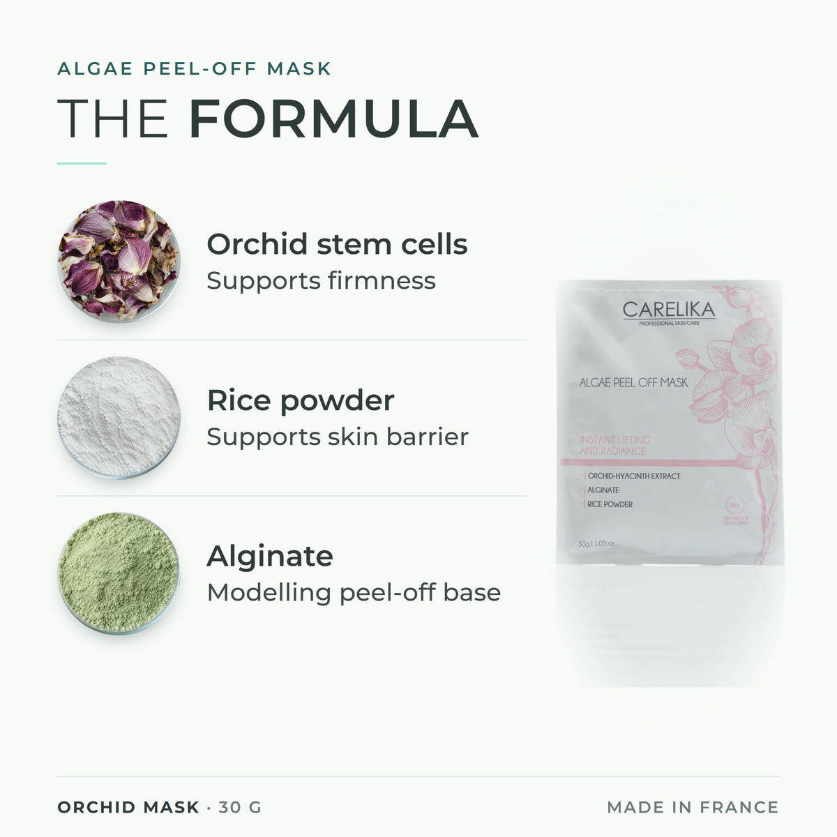 CARELIKA Orchid Mask 30 g - key actives: Orchid stem cells, Rice powder, Alginate