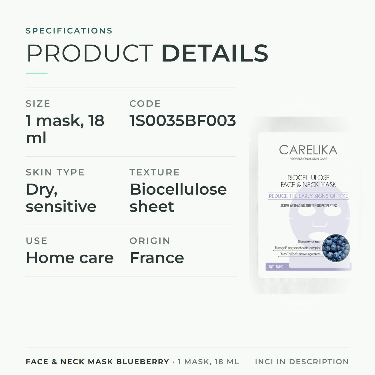 CARELIKA Face & Neck Mask Blueberry 1 mask, 18 ml - specifications