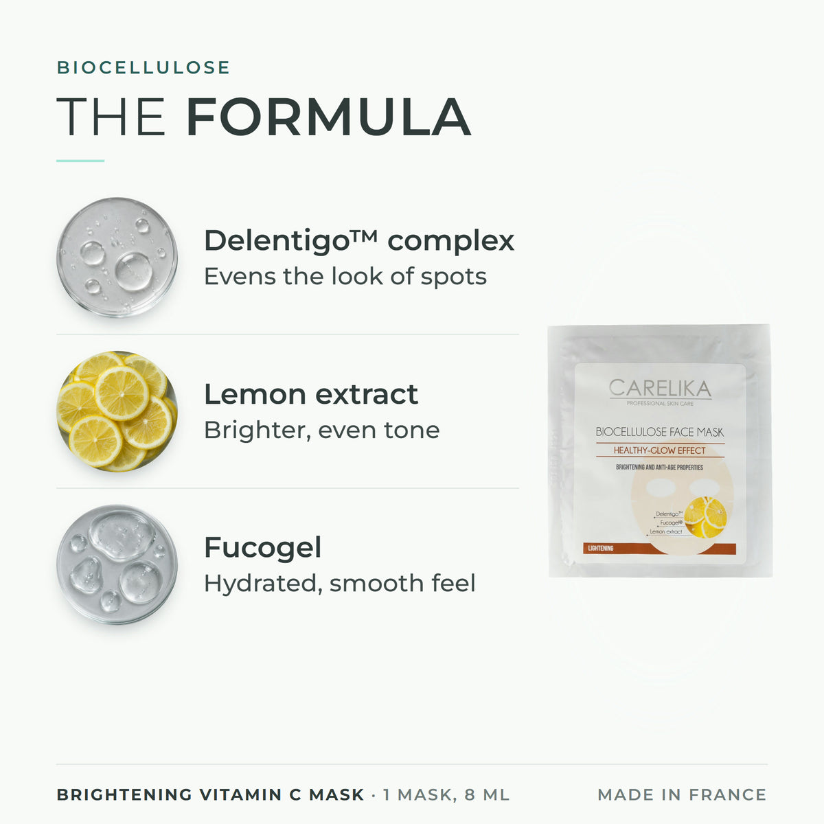 CARELIKA Brightening Vitamin C Mask 1 mask, 8 ml - key actives: Delentigo™ complex, Lemon extract, Fucogel