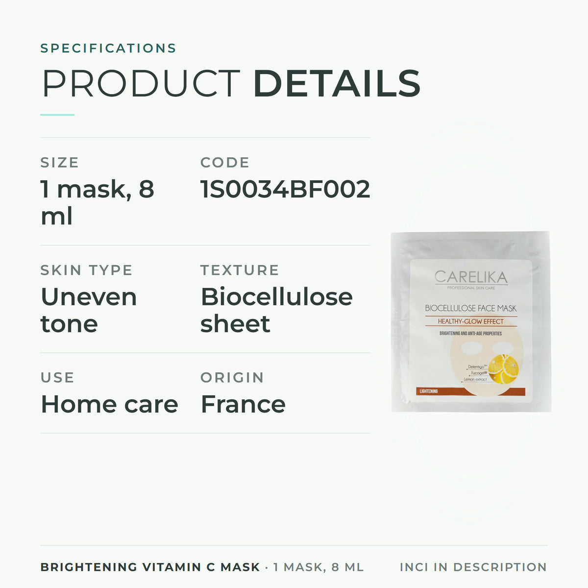 CARELIKA Brightening Vitamin C Mask 1 mask, 8 ml - specifications