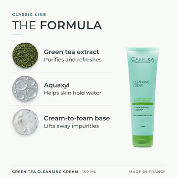 CARELIKA Green Tea Cleansing Cream 150 ml - key actives: Green tea extract, Aquaxyl, Cream-to-foam base