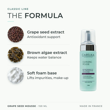 CARELIKA Grape Seed Mousse 150 ml - key actives: Grape seed extract, Brown algae extract, Soft foam base