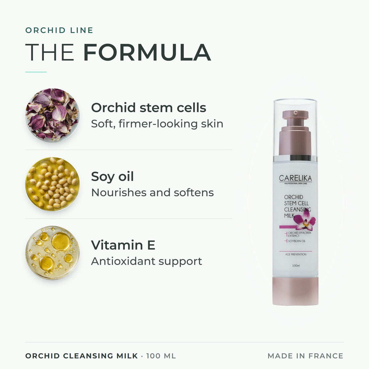 CARELIKA Orchid Cleansing Milk 100 ml - key actives: Orchid stem cells, Soy oil, Vitamin E
