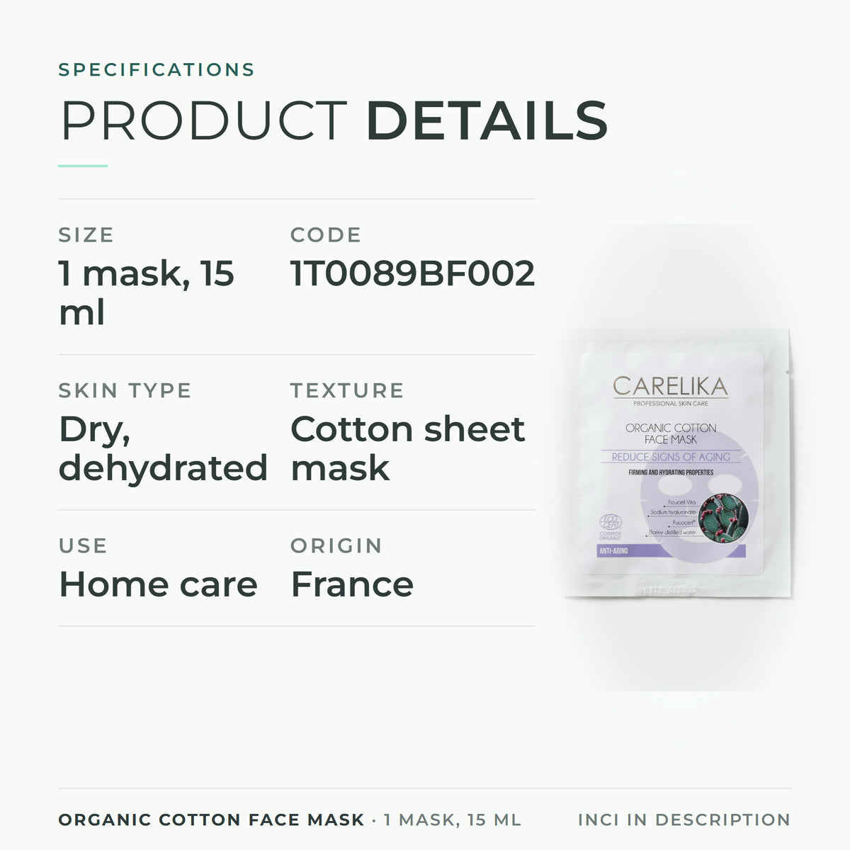 CARELIKA Organic Cotton Face Mask 1 mask, 15 ml - specifications