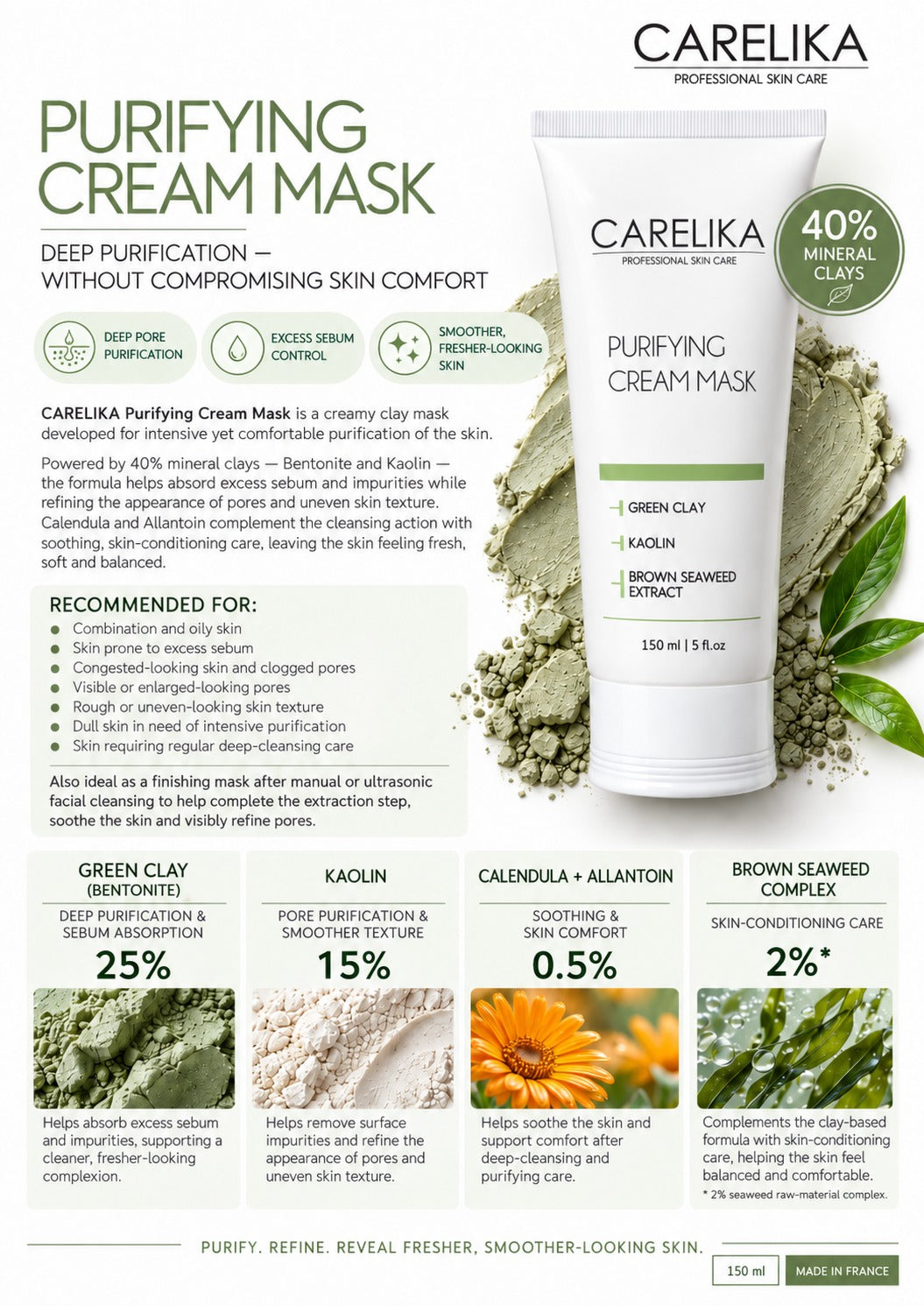 CARELIKA Purifying Cream Mask 150 ml with 40% mineral clays: green clay, kaolin, calendula and allantoin, brown seaweed complex