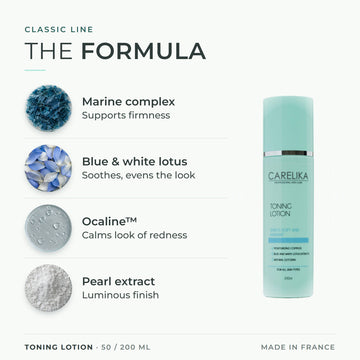 CARELIKA Toning Lotion 50 / 200 ml - key actives: Marine complex, Blue & white lotus, Ocaline™, Pearl extract